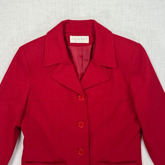 Vintage Sandro Red Wool Blazer Classic Button Front Notched Lapel Size 8 - Picture 5 of 11